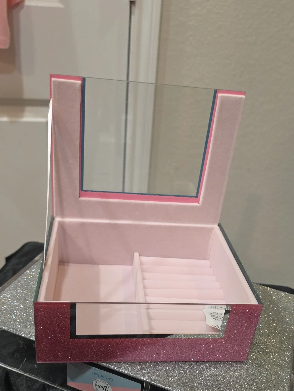 At Home Pink Glitter Mirrored Decorative Jewelry Organizer Box